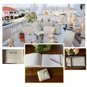 Elegant Wedding Guestbook & Pen Set • White Lace Cover • Celebrate It